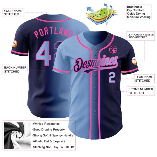 Maglia da baseball blu navy leggera personalizzata, autentica, moda, blu-rosa sfumata