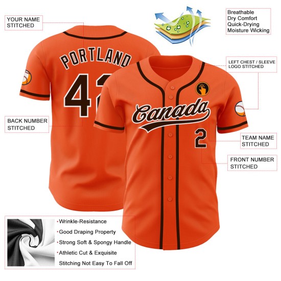 Maglia da baseball arancione autentica, marrone e bianca, personalizzata