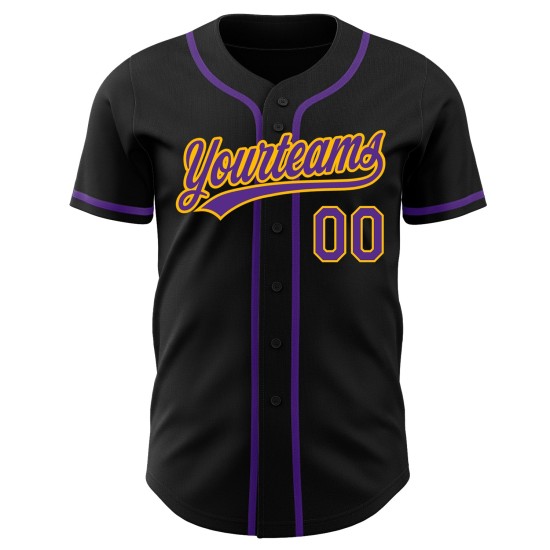 Maglia da baseball personalizzata viola-oro autentica nera Maglia da baseball personalizzata viola-oro autentica nera