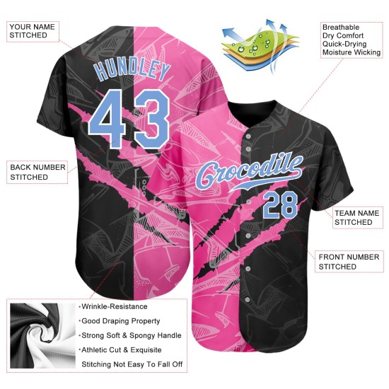 Maglia da baseball personalizzata leggera con motivo graffiti, graffio 3D, rosa-nero, blu autentico