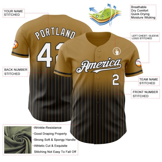 Maglia da baseball Pinstripe personalizzata in oro, stile vintage, bianca e nera, autentica, sbiadita