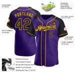 Maglia da baseball autentica, maniche raglan viola, personalizzata, nera e oro