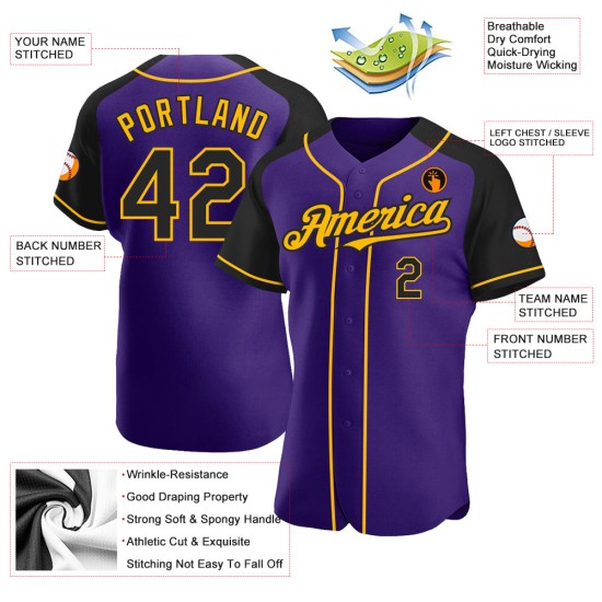 Maglia da baseball autentica, maniche raglan viola, personalizzata, nera e oro