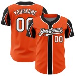 Maglia da baseball personalizzata arancione, colori autentici, 3 maniche, forme bianche e nere Maglia da baseball personalizzata arancione, colori autentici, 3 maniche, forme bianche e nere