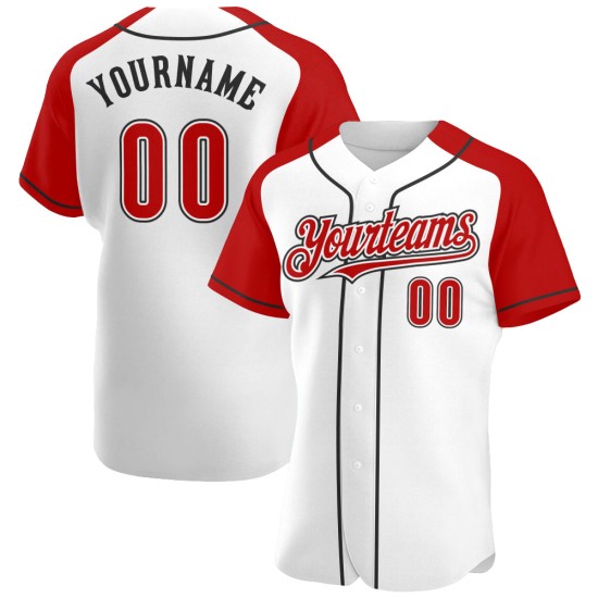 Maglia da baseball personalizzata con maniche raglan rosse, nere e bianche autentiche Maglia da baseball personalizzata con maniche raglan rosse, nere e bianche autentiche