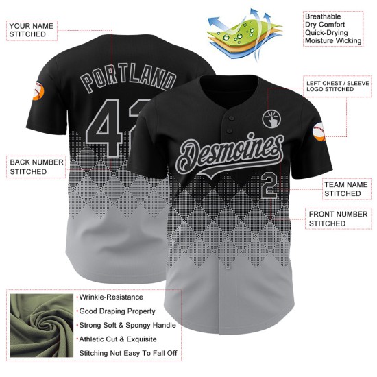 Maglia da baseball con forme sfumate, modello grigio personalizzato in 3D, design nero, autentico quadrato Maglia da baseball con forme sfumate, modello grigio personalizzato in 3D, design nero, autentico quadrato