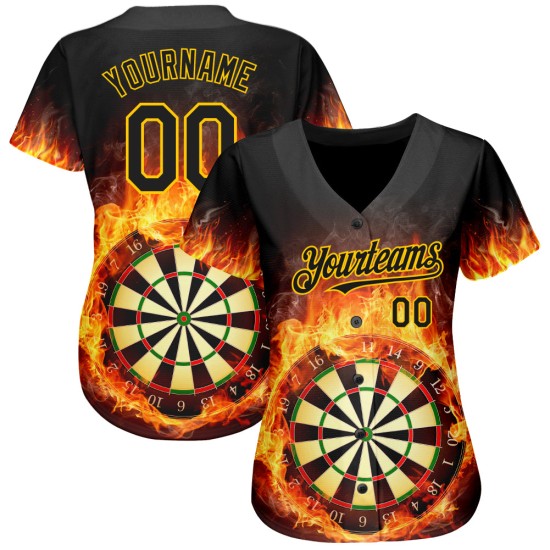 Modello di design Maglia da baseball nera Autentica 3D Bersaglio per freccette dorato Fiamma Personalizzata