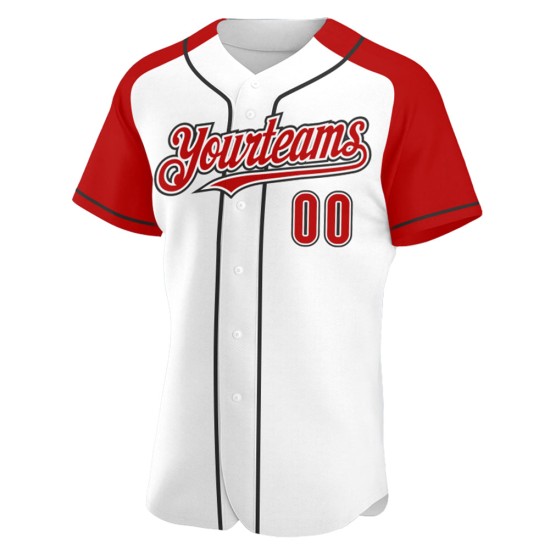 Maglia da baseball personalizzata con maniche raglan rosse, nere e bianche autentiche Maglia da baseball personalizzata con maniche raglan rosse, nere e bianche autentiche