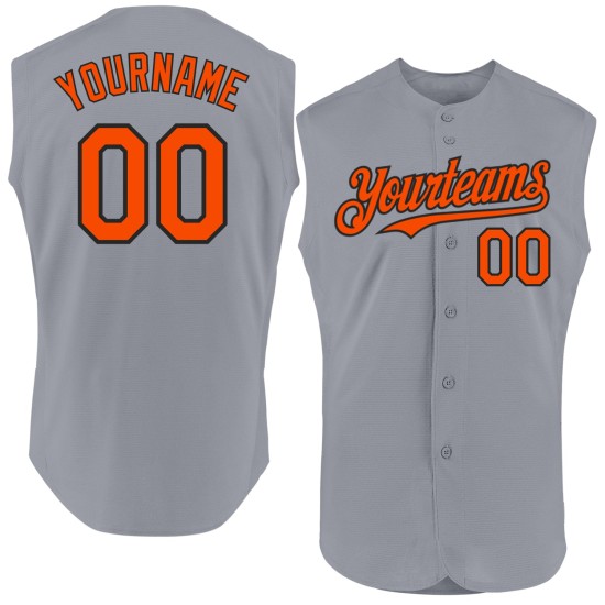 Maglia da baseball grigia senza maniche arancione-nera, autentica e personalizzata Maglia da baseball grigia senza maniche arancione-nera, autentica e personalizzata