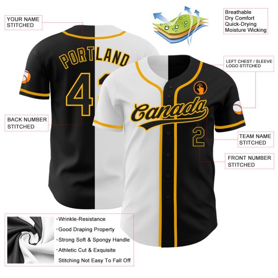 Maglia da baseball nera bianca e oro, autentica, personalizzata, moda divisa