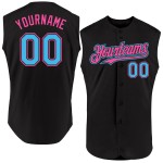 Maglia autentica Sky senza maniche da baseball nera blu-rosa personalizzata Maglia autentica Sky senza maniche da baseball nera blu-rosa personalizzata