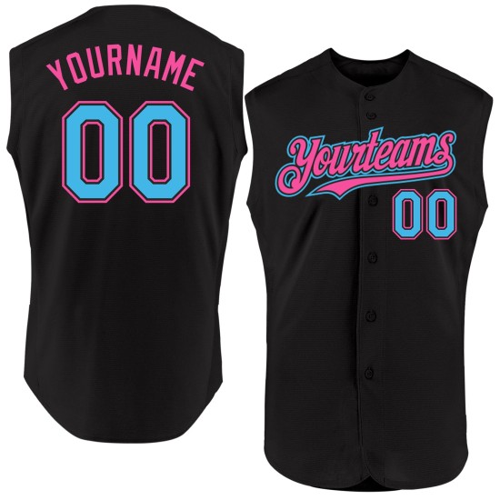 Maglia autentica Sky senza maniche da baseball nera blu-rosa personalizzata Maglia autentica Sky senza maniche da baseball nera blu-rosa personalizzata