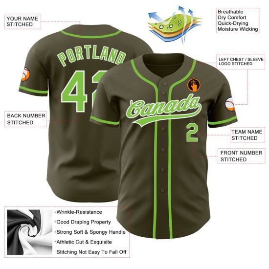 Maglia da baseball verde oliva neon Service To Salute personalizzata verde-bianca autentica