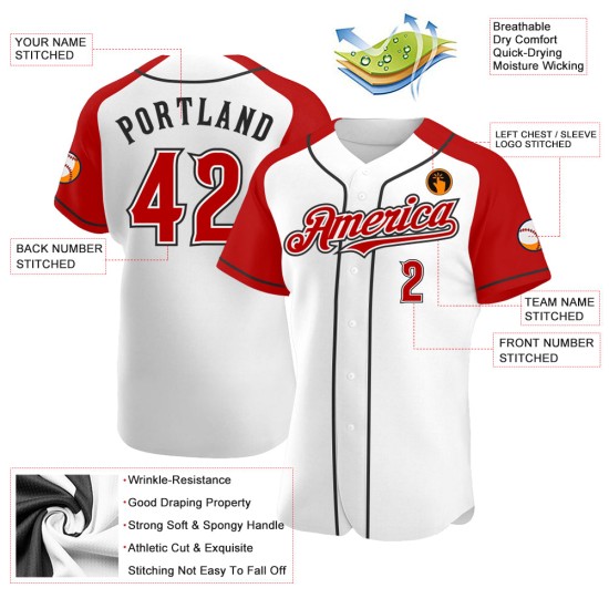 Maglia da baseball personalizzata con maniche raglan rosse, nere e bianche autentiche Maglia da baseball personalizzata con maniche raglan rosse, nere e bianche autentiche