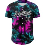 Maglia da baseball personalizzata con motivo a palme da spiaggia, autentici alberi hawaiani 3D, design nero-bianco-rosa Maglia da baseball personalizzata con motivo a palme da spiaggia, autentici alberi hawaiani 3D, design nero-bianco-rosa