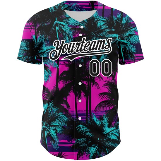 Maglia da baseball personalizzata con motivo a palme da spiaggia, autentici alberi hawaiani 3D, design nero-bianco-rosa Maglia da baseball personalizzata con motivo a palme da spiaggia, autentici alberi hawaiani 3D, design nero-bianco-rosa