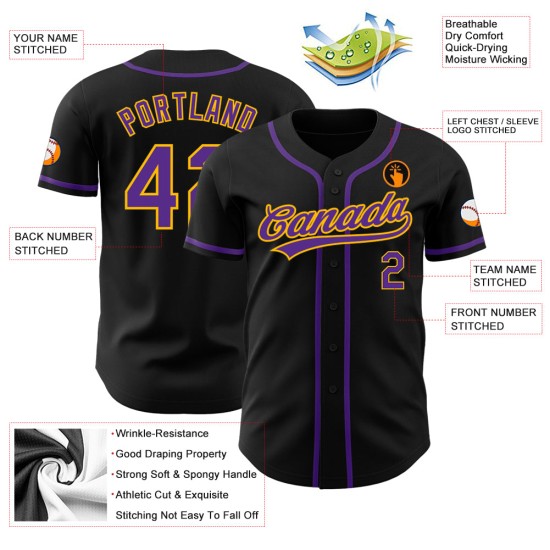 Maglia da baseball personalizzata viola-oro autentica nera Maglia da baseball personalizzata viola-oro autentica nera