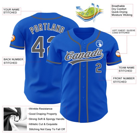 Maglia da baseball Thunder Custom autentica, grigio-bianca, blu acciaio Maglia da baseball Thunder Custom autentica, grigio-bianca, blu acciaio