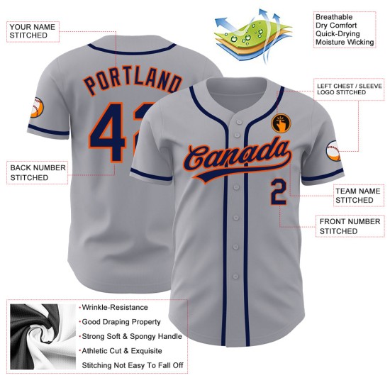 Maglia da baseball autentica grigia blu navy-arancio personalizzata Maglia da baseball autentica grigia blu navy-arancio personalizzata